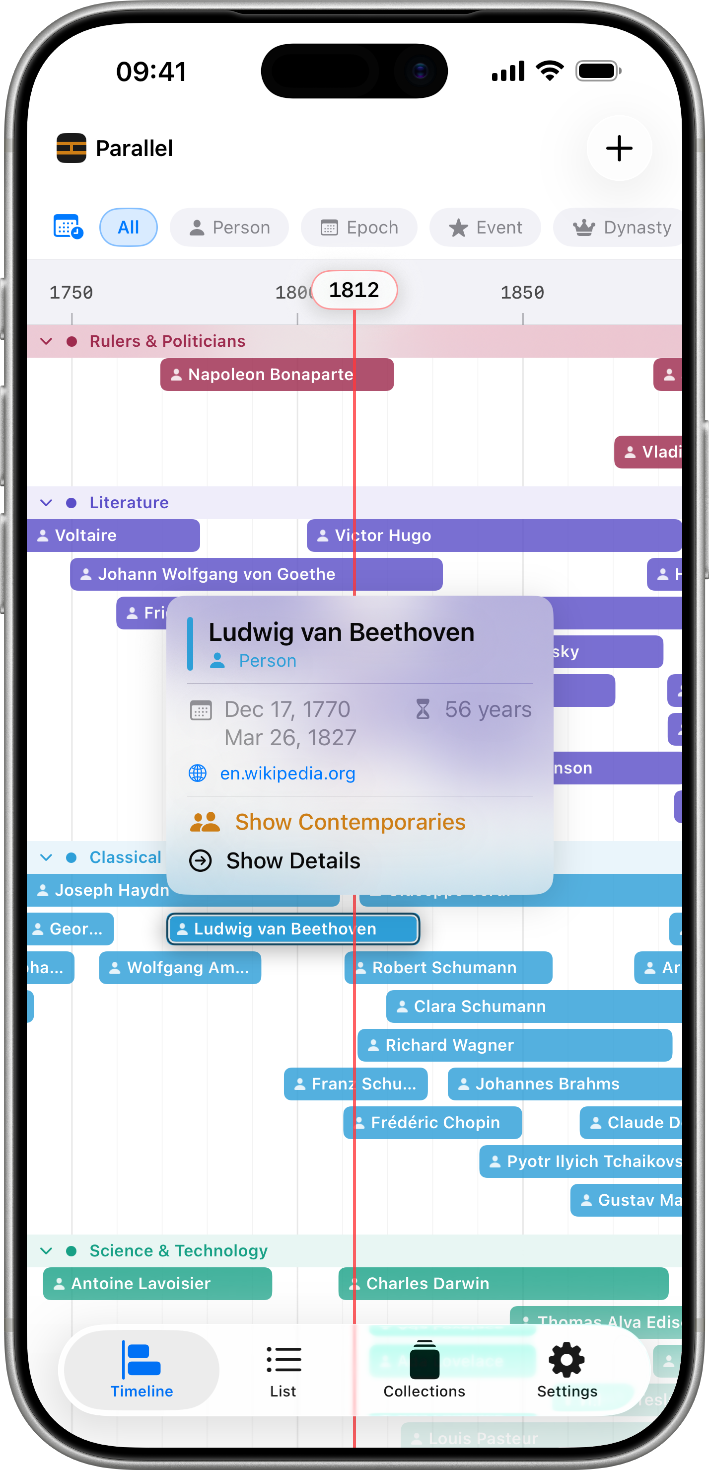 Parallel quick preview popup over the timeline, showing Ludwig van Beethoven's bio, Wikipedia link, and a &ldquo;Show Contemporaries&rdquo; button