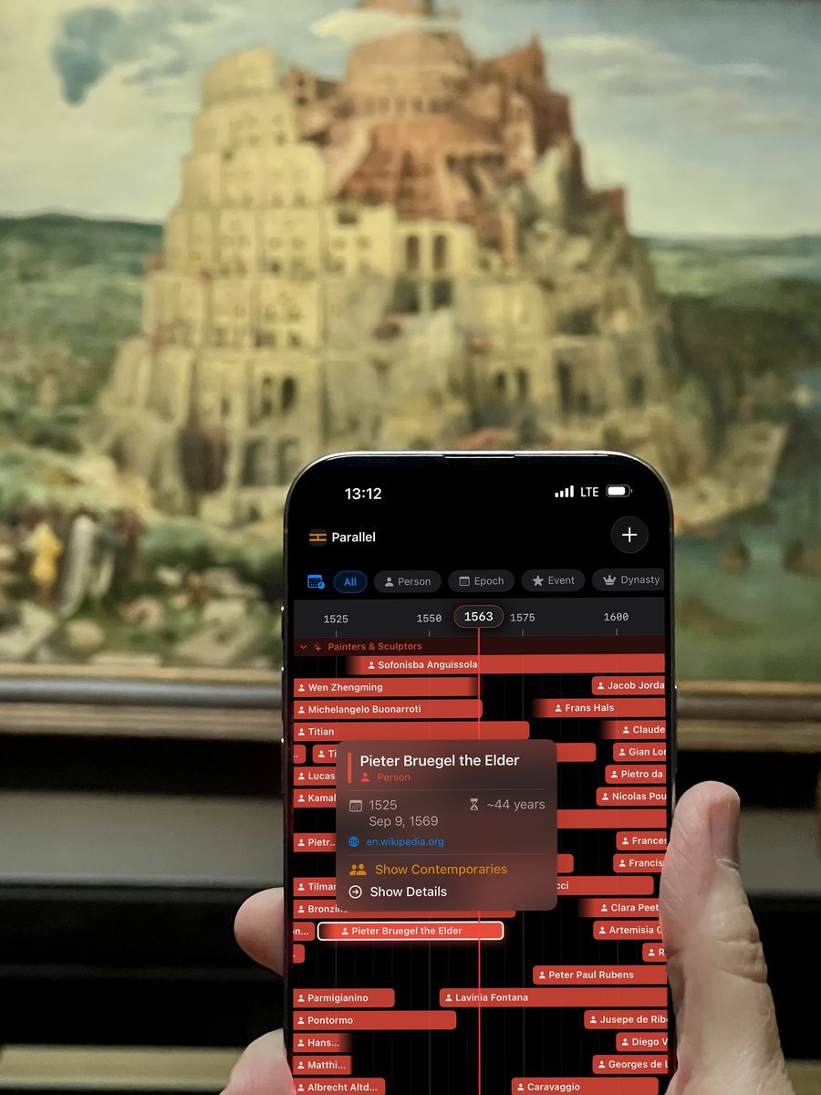 Parallel in front of Bruegel's Tower of Babel, showing his contemporaries