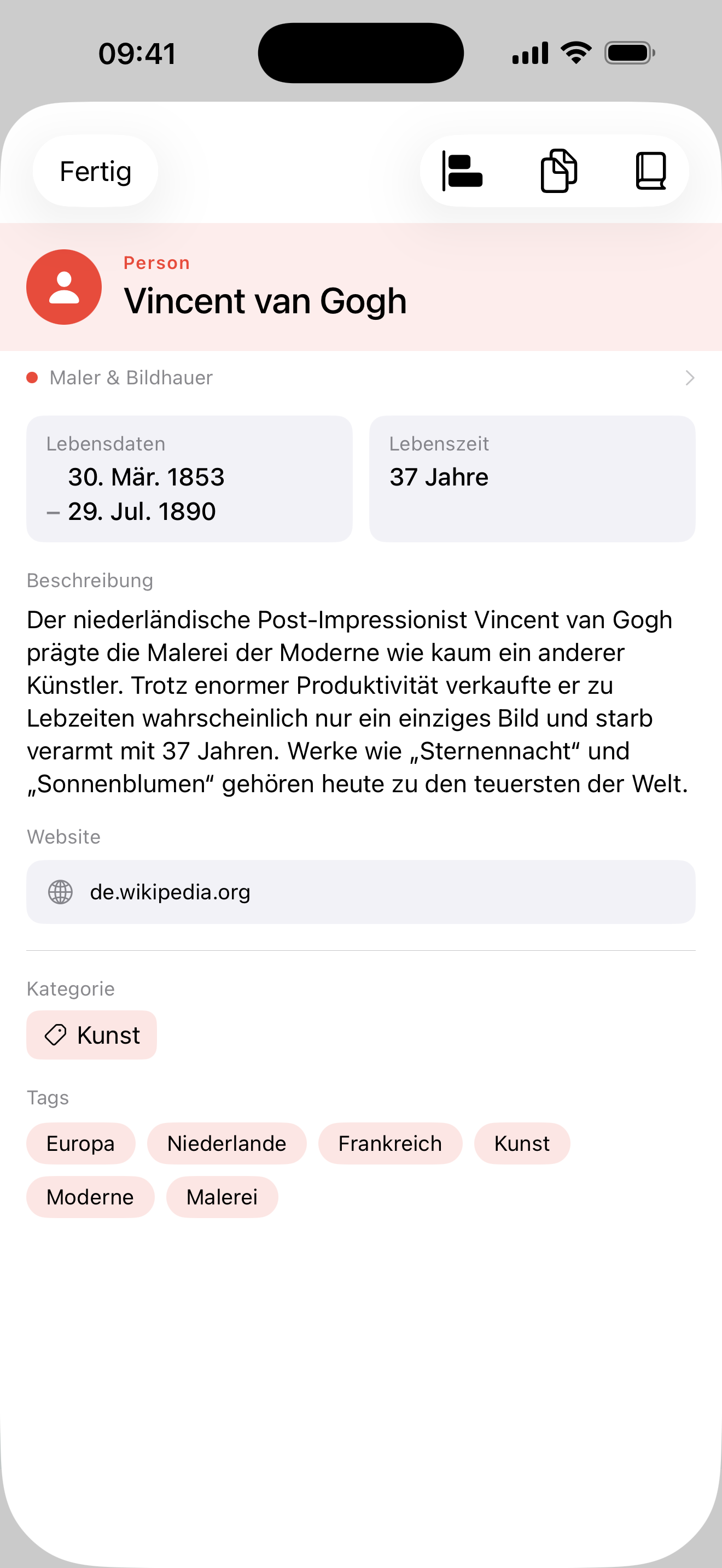 Detail-Ansicht von Vincent van Gogh in Parallel, mit Beschreibung und Wikipedia-Link