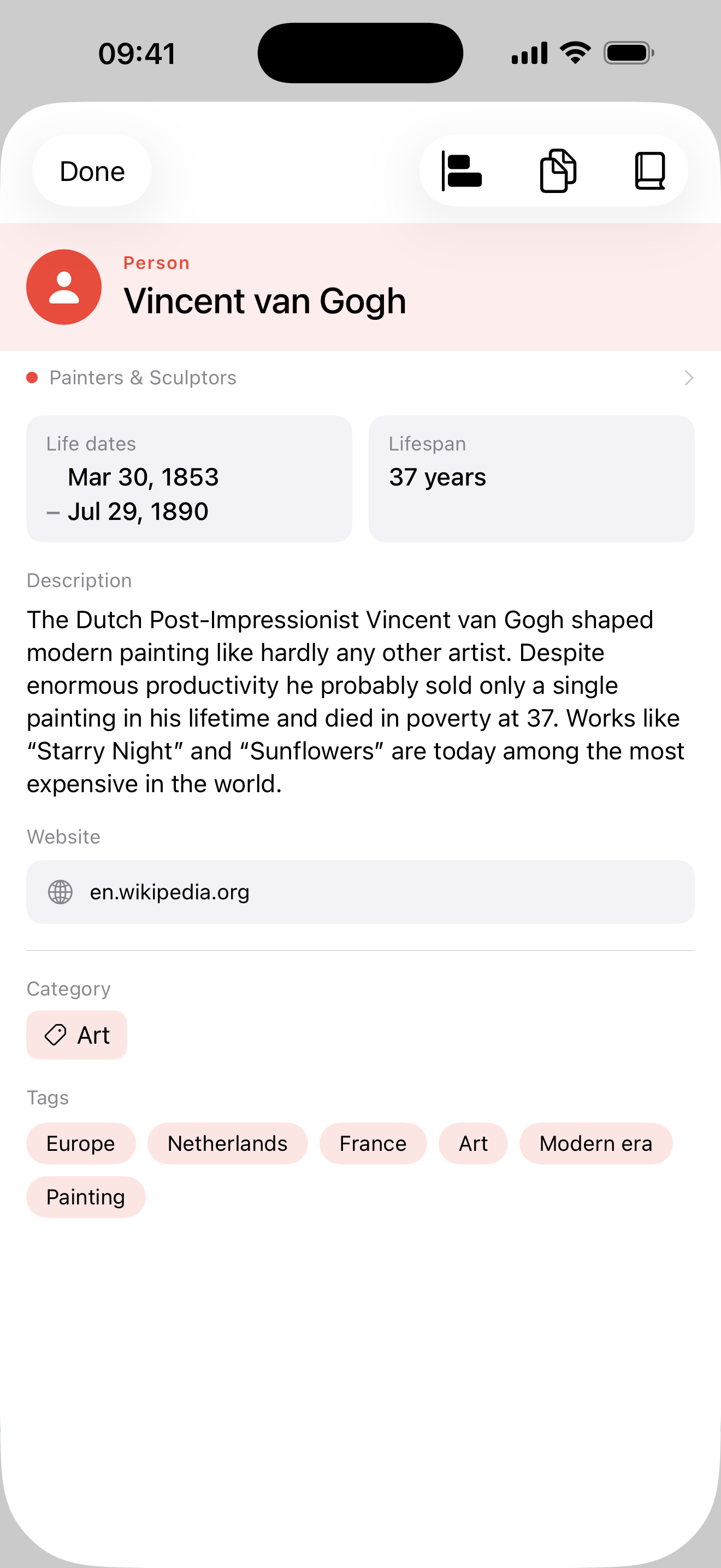 Detail sheet of Vincent van Gogh in Parallel, with description and Wikipedia link