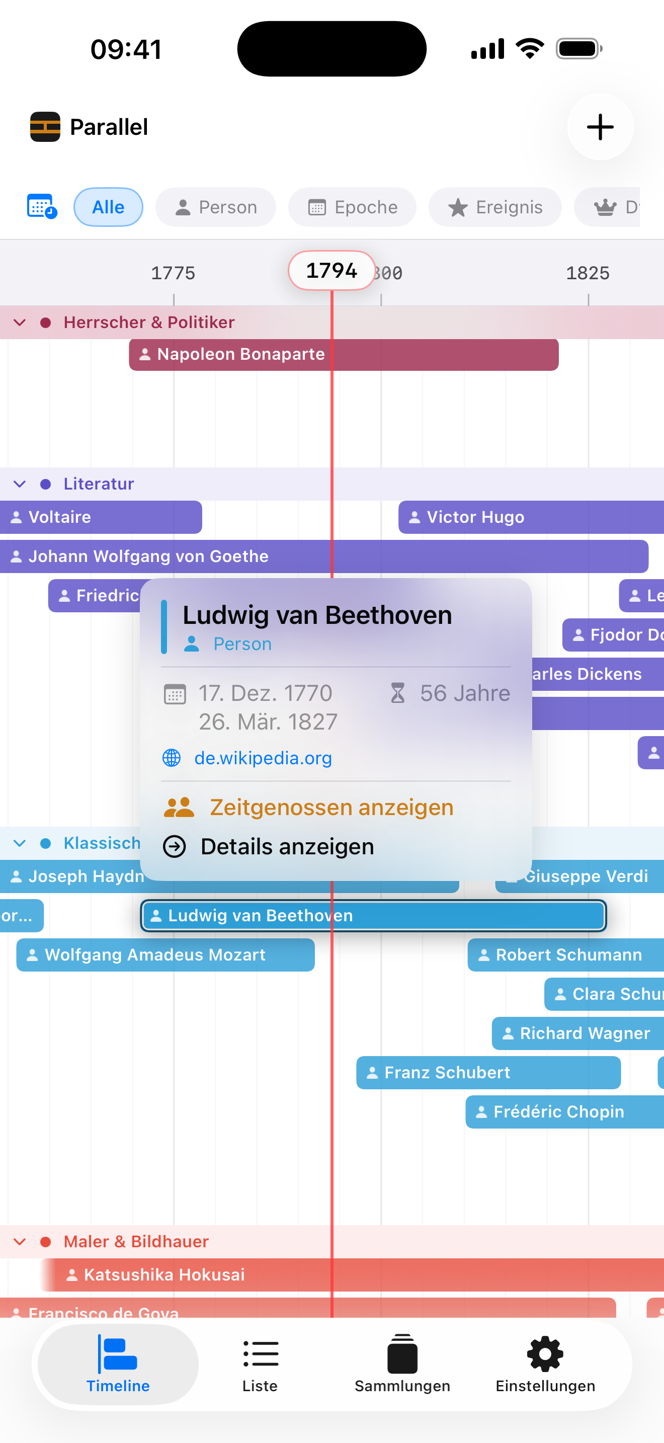 Schnellvorschau-Popup über der Zeitachse mit Ludwig van Beethovens Biografie, Wikipedia-Link und &bdquo;Zeitgenossen anzeigen&ldquo;-Button