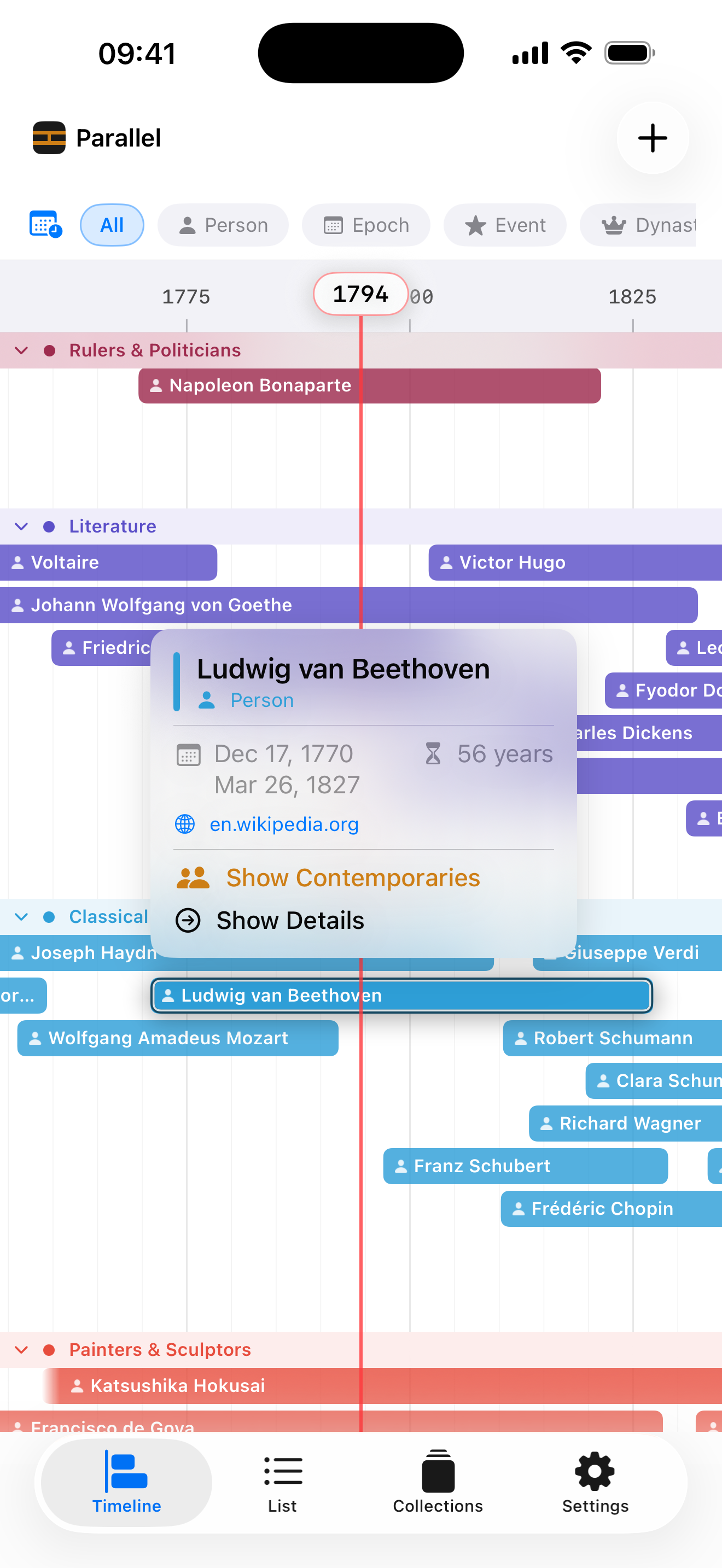 Parallel quick preview popup over the timeline, showing Ludwig van Beethoven's bio, Wikipedia link, and a &ldquo;Show Contemporaries&rdquo; button